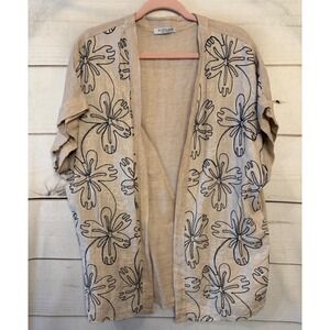 Valentina Nali Made in Italy Linen Embroidered Floral Kimono Cardigan Beige Tan